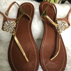 Tory Burch Gold t strap sandals, size 8.5